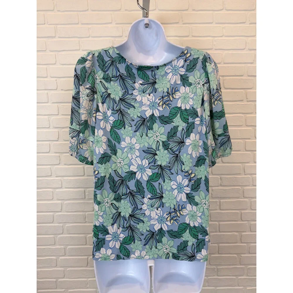 Loft Floral Puff-Sleeve Blouse Blue Green Small